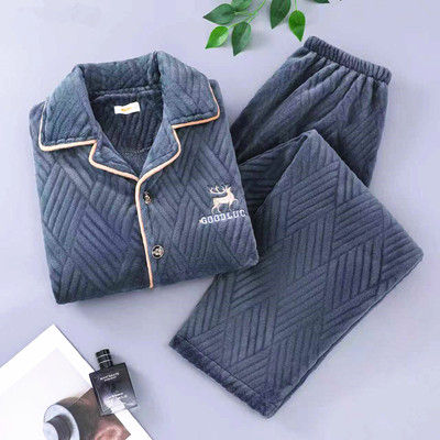 中老年珊瑚绒睡衣男款加厚高级感提花法兰绒加肥大码胖老人家居服