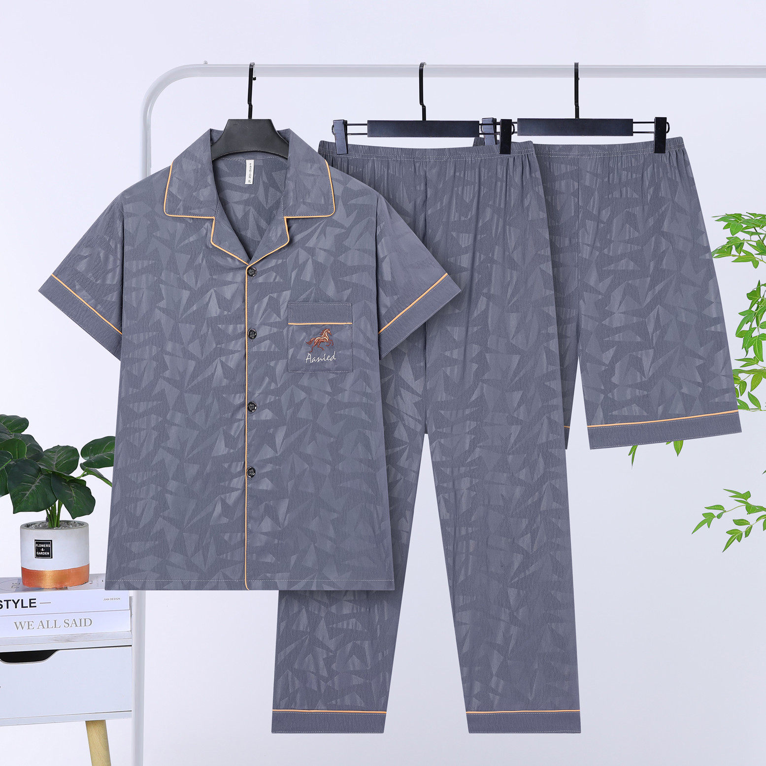 男款三件套短袖长短裤睡衣纯棉高级感云朵棉中老年人家居服套装夏