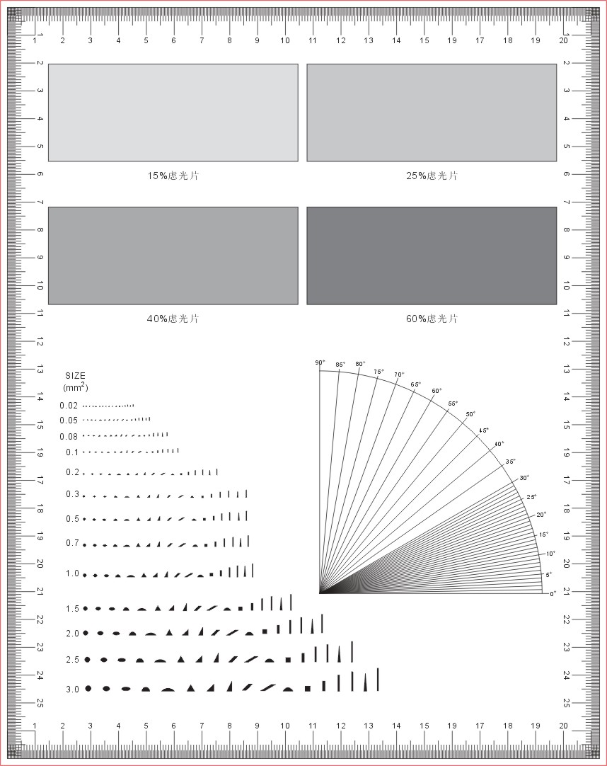 15%25%40%60%灰度 A4大小点规菲林片角度测量不规则面积点比对卡