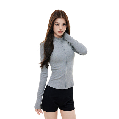 SDDANEROG 美式显瘦拉链弹力修身外套女短上衣纯色打底长袖