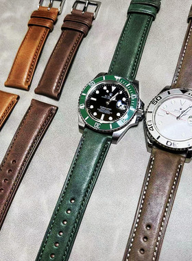 复古优质油蜡皮牛皮手工表带18mm19x16mm20mm21x18mm22mm棕黄灰绿