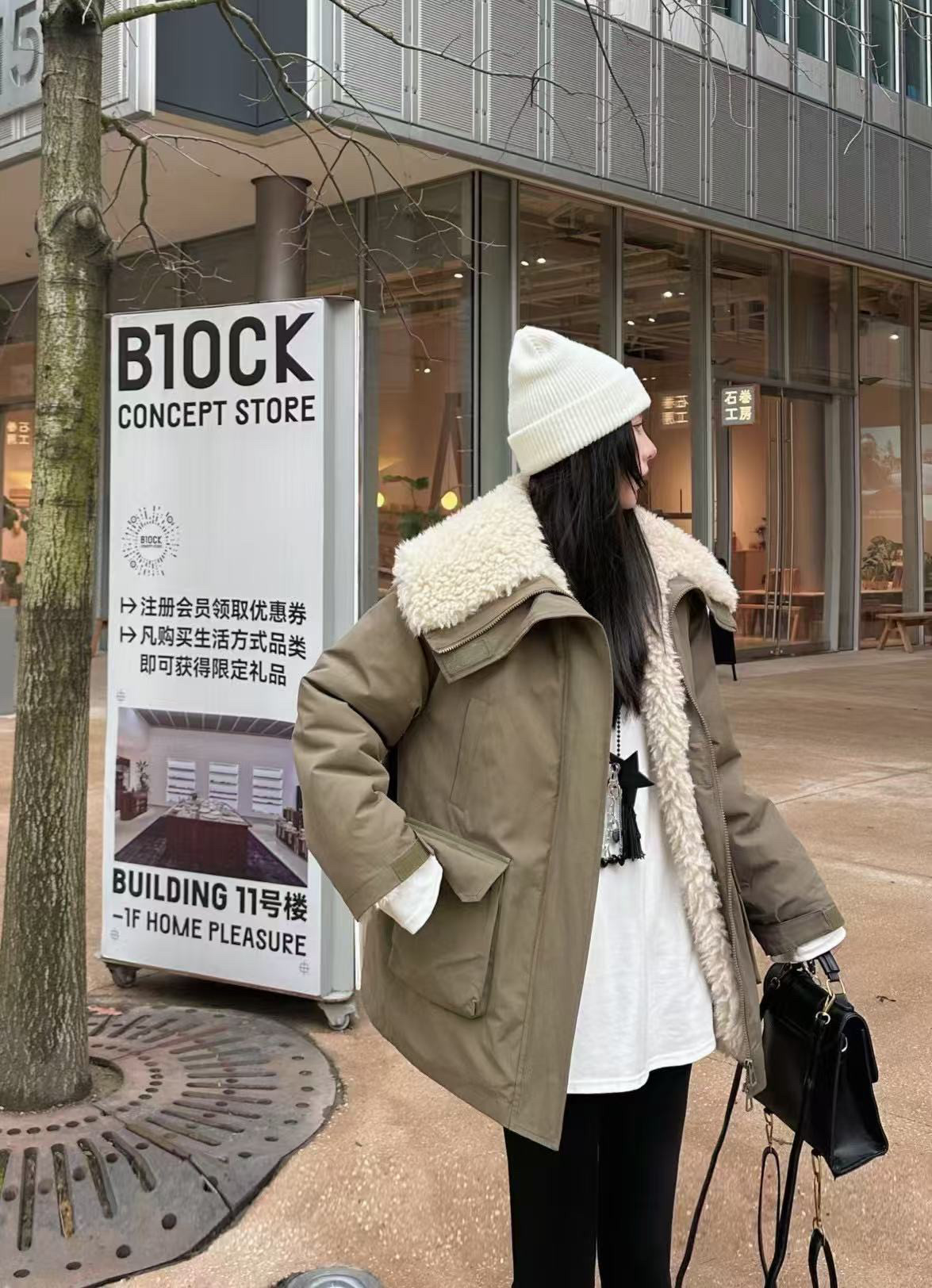 赵露思同款2024冬季新款羊羔毛加厚中长款工装派克服女冲锋外套