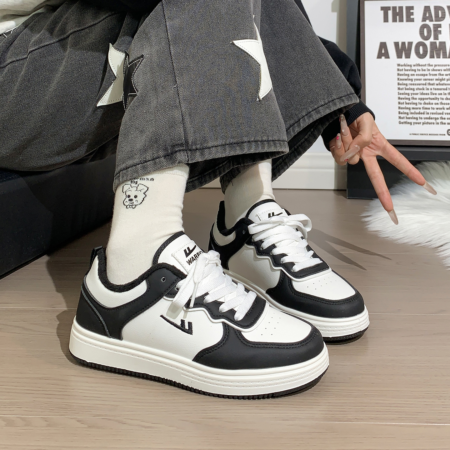 回力黑白熊猫板鞋女加绒爆款情侣