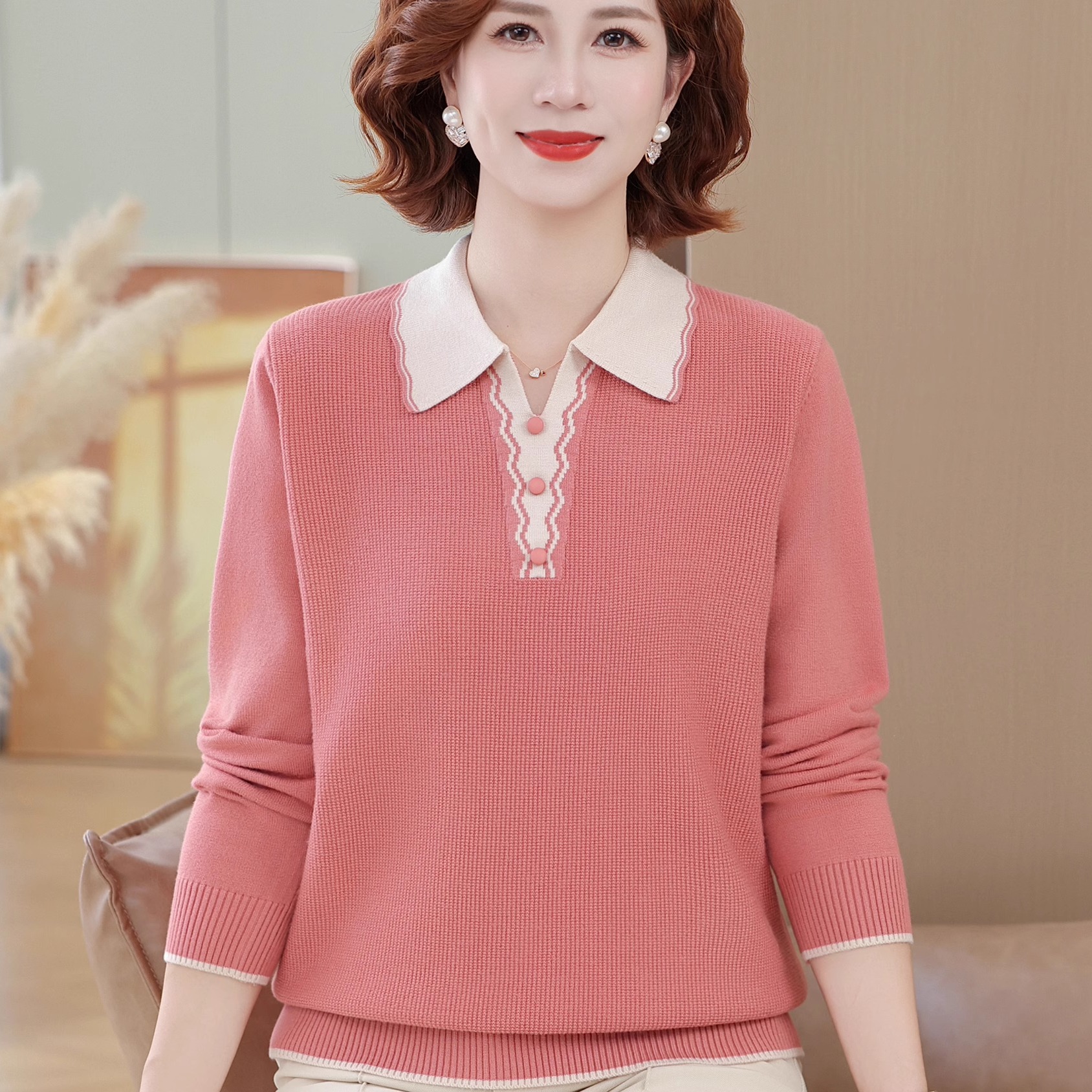 中老年纯色POLO领长袖春秋宽松女