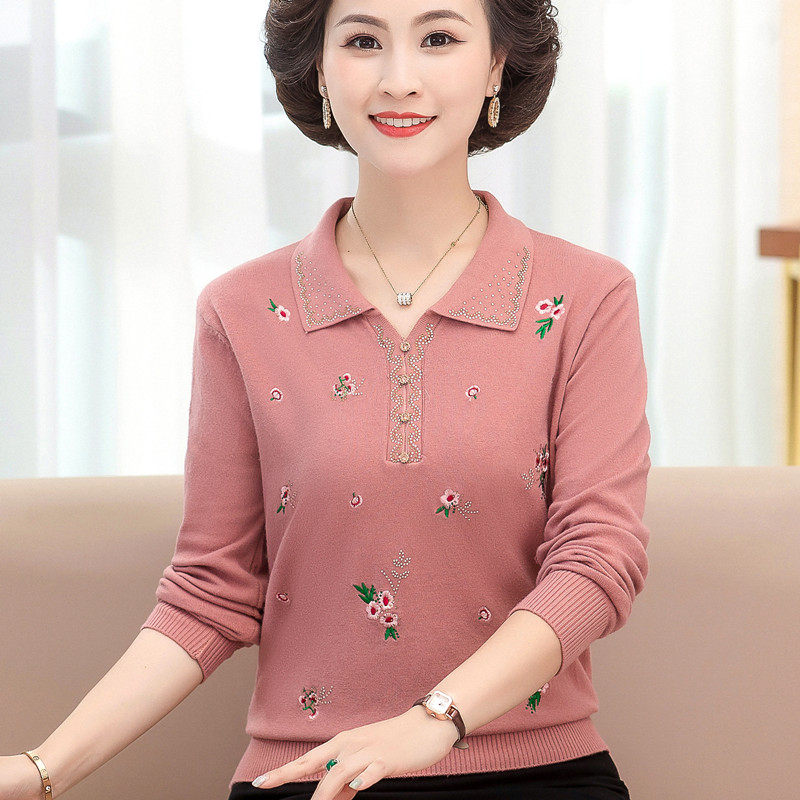 妈妈春装翻领薄毛衣洋气小衫中老年女带领春秋外穿针织短款打底衫