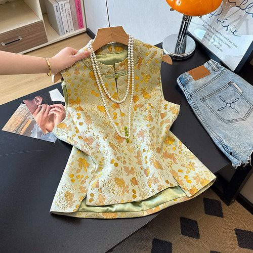 实拍新中式国风小圆领汉服重工刺绣盘扣马甲提花织锦织金坎肩上衣