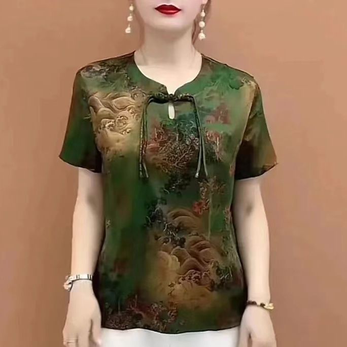 妈妈夏季新款短袖真丝雪纺T恤薄中老年女装