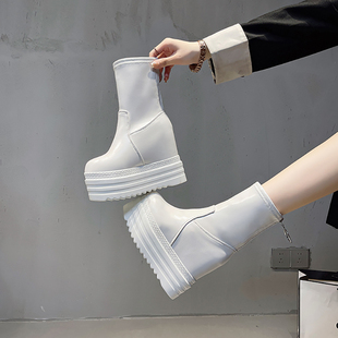 恨天高白色女靴 大码 12CM超高跟鞋 加绒短靴内增高厚底马丁靴秋冬季