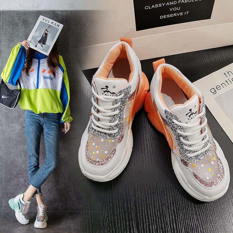 内增高女鞋网面透气2025春夏新款亮片厚底熊猫底老爹鞋女休闲运动