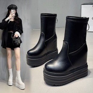 cos马丁靴超火增高鞋 辣妹短靴女超高跟黑色中筒 增高12cm厚底新款