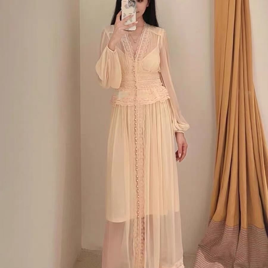 Zimmermann 澳洲代购2024春夏NaturaV领珍珠排扣蕾丝中长款连衣裙