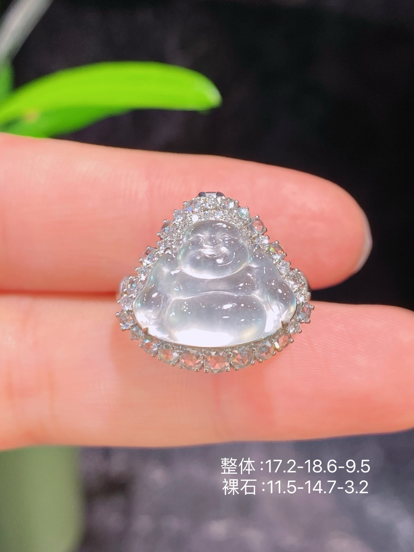 18k金天然缅甸A货翡翠白冰起钢佛公戒指吊坠两用款