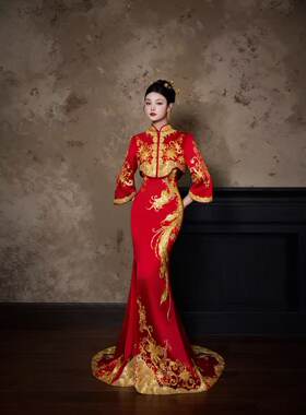 出租金宝新款华翎颂新中式旗袍外套拖尾凤凰新娘结婚敬酒订婚礼服