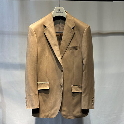 外贸原单出口亚麻丝绸2粒扣条纹英伦绅士大码扩版西装休闲西服