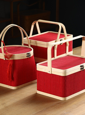 新款红色竹编提篮粽子月饼篮年货大闸蟹腊肉香肠手提篮竹礼盒包装