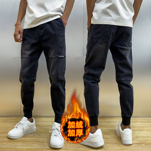 秋冬新款牛仔裤男弹力加绒加厚束脚裤网红精神小伙潮流休闲小脚裤