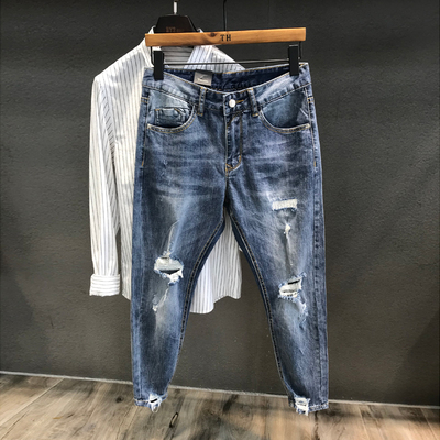 破洞牛仔裤男士弹力小脚九分裤