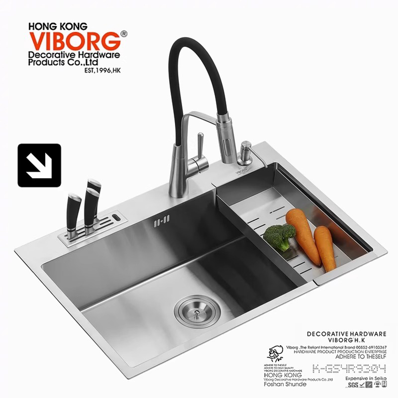 VIBORG4mm厚加厚手工水槽欧洲304不锈钢厨房水槽单槽洗菜盆带刀架