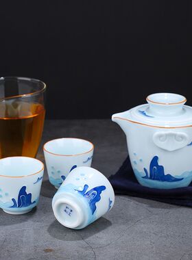 手绘旅行快客杯功夫茶具便携式白瓷小套装一壶三杯户外陶瓷泡茶器