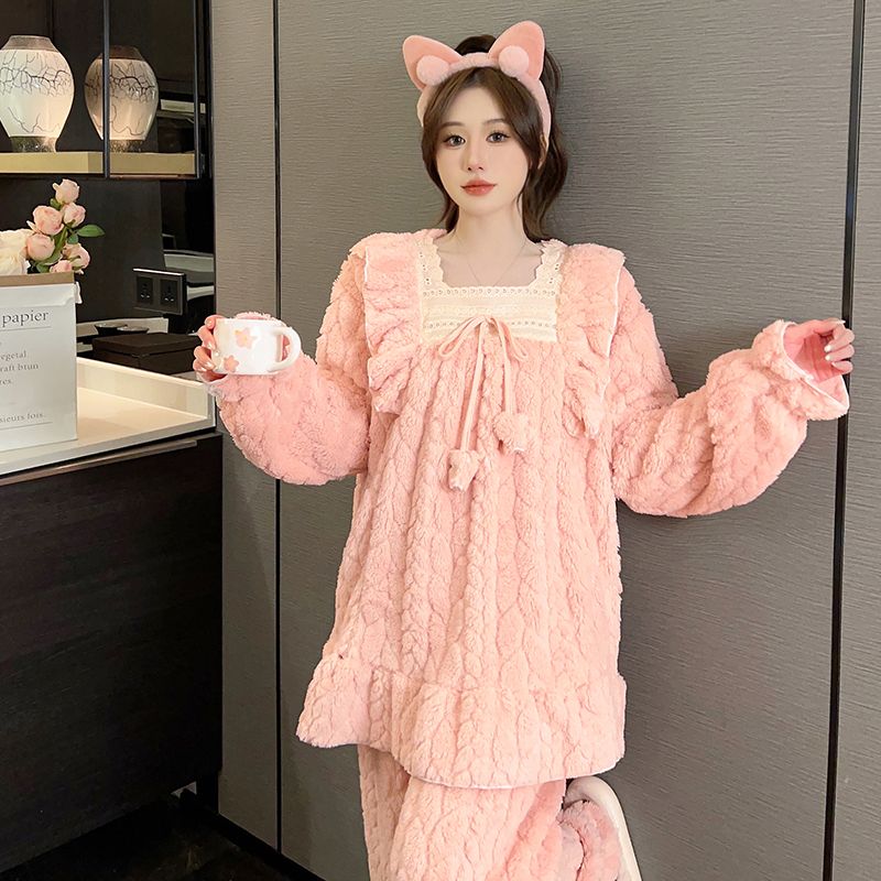 冬季睡衣女新款保暖珊瑚绒肥胖妹妹大码法兰绒甜美外穿家居服套装