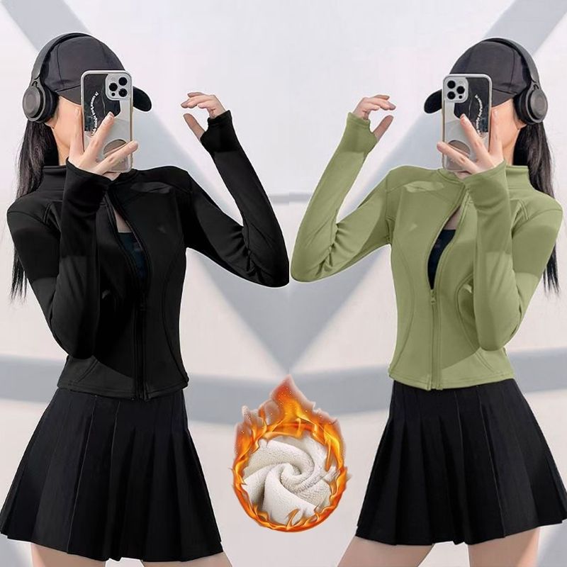 加绒加厚秋冬跑步健身运动服拉链开衫长袖上衣拉毛紧身指扣瑜伽服