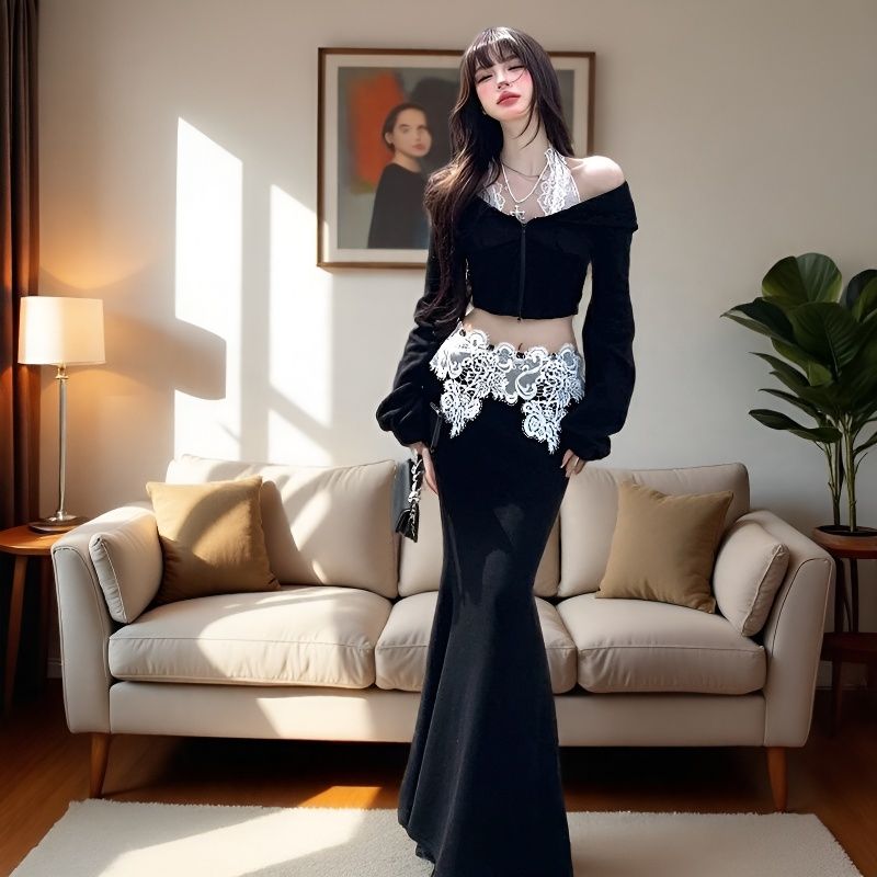 2025春季新款纯欲风卫衣腰封蕾丝拼接两件套时尚套装裙子长款