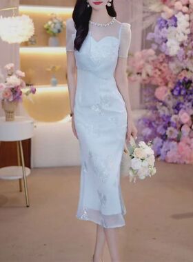 2025新款裙高档轻奢名媛修身网纱法式镶钻刺绣短袖包臀连衣裙女