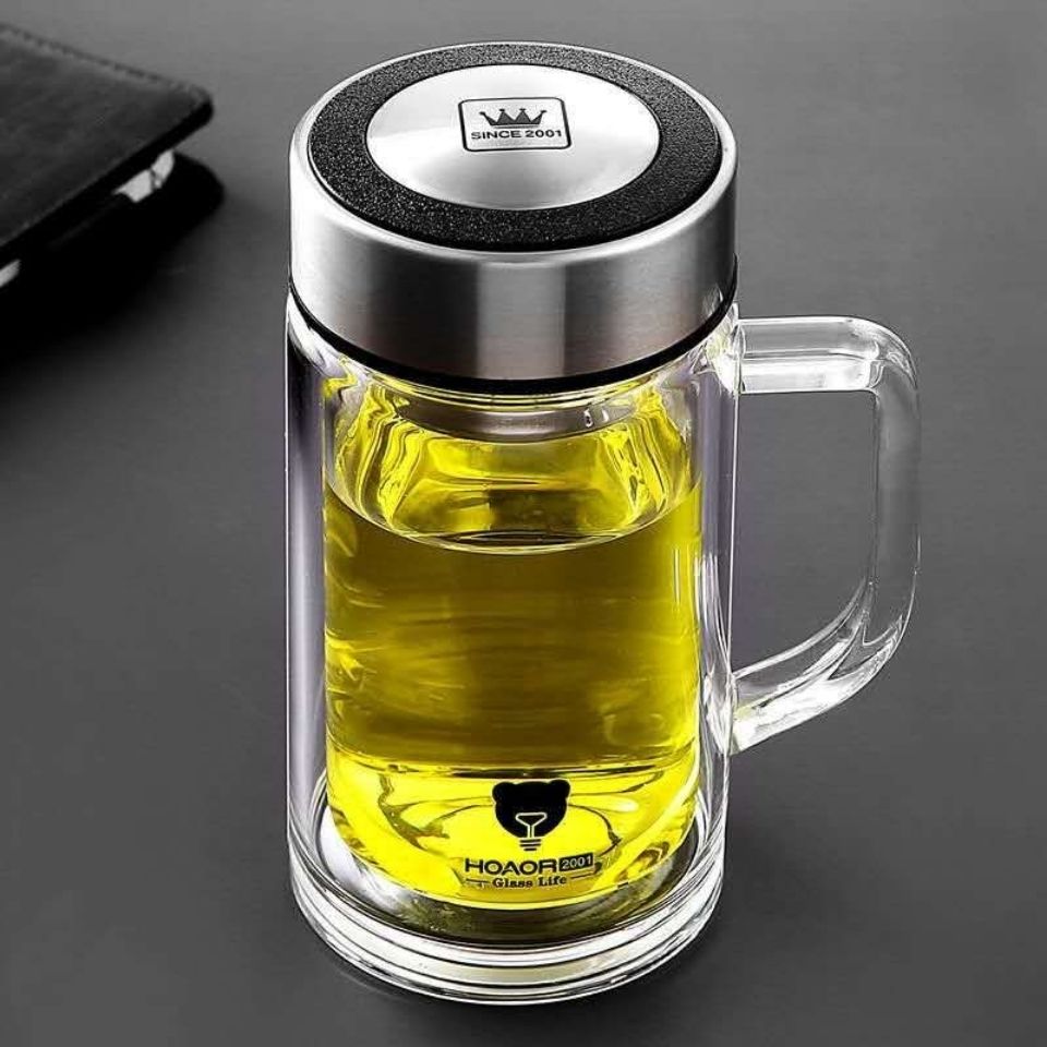 双层玻璃杯茶杯带把手柄大容量家用办公男女隔热防烫带盖便携水杯