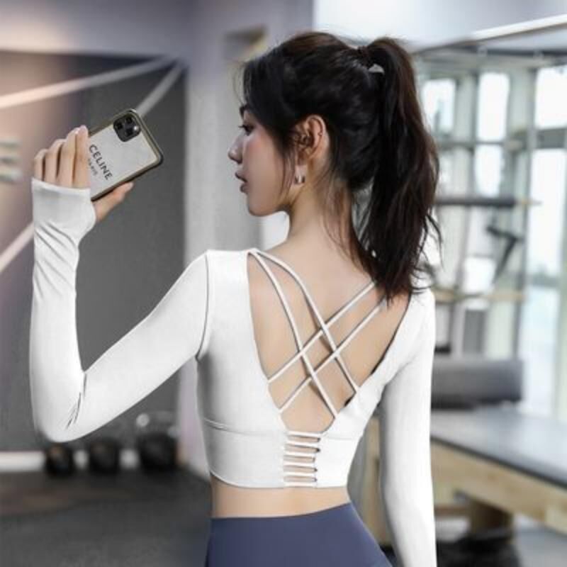 新款交叉美背短款高腰长袖健身上衣跑步运动服性感紧身瑜伽服女