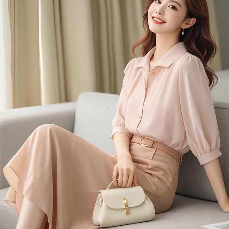 夏季韩剧穿搭优雅女神范时尚高级感小香风衬衫半身裙子两件套装女