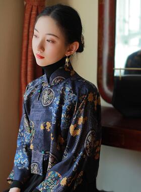 梨落小满古典印花女中式汉服短襦古风春秋衬衫类短上衣古法倒大袖