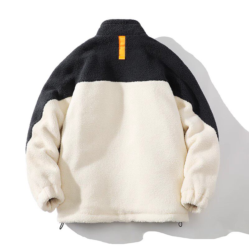 709-MY1015-P115 冬季白底羊羔毛拼接皮英文加厚开衫棉衣男图片