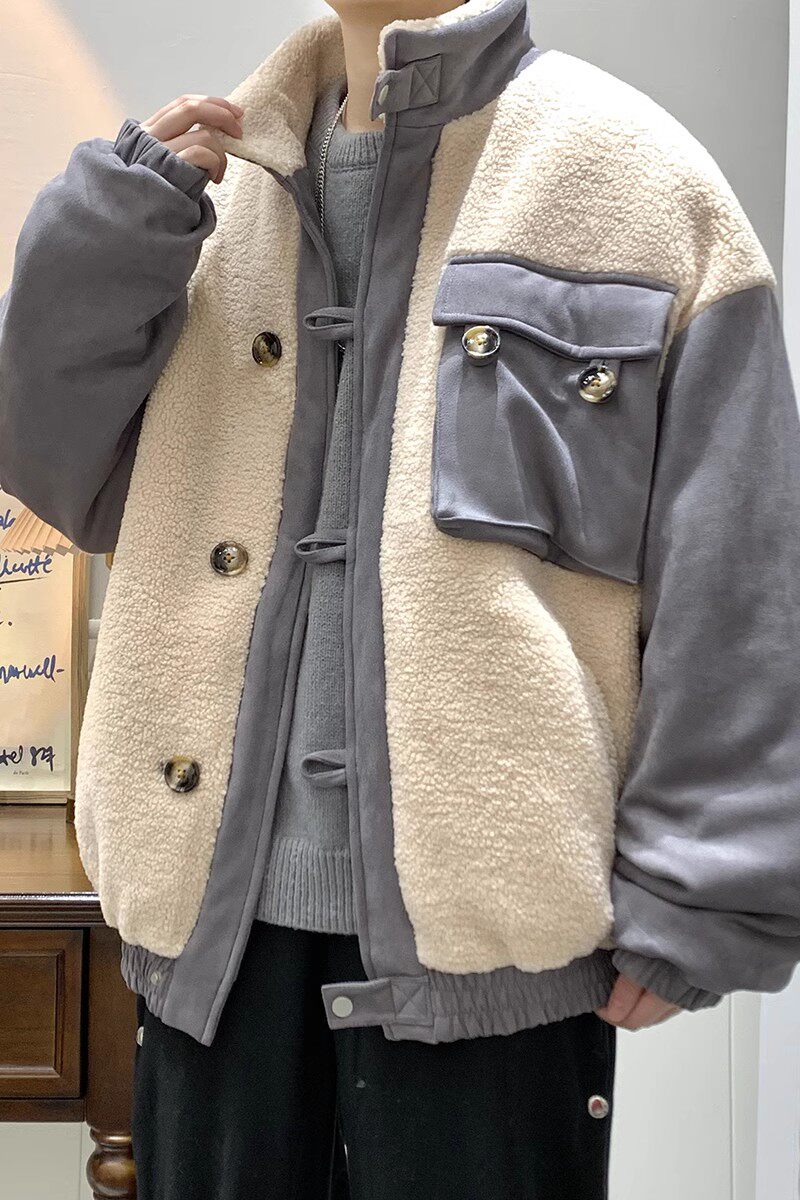 709-MY1001-P115冬季单人立领开衫羊羔毛拼鹿绒皮加厚潮流男,男装卫衣,星座709