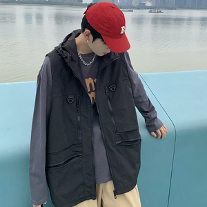 709-MJ60-P65 春秋多拉链机能纯色宽松设计感连帽马甲 单人图片