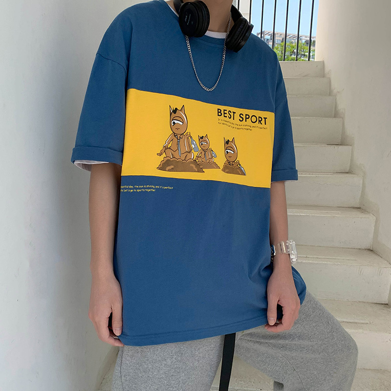 21 summer Hong Kong style cartoon printed T-shirt for men's casual round neck and 5 / 5 sleeves