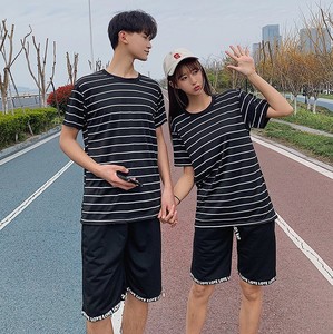 709-T302-K89-P30 23夏情侣跑量条纹男士百搭圆领短袖T恤套装图片