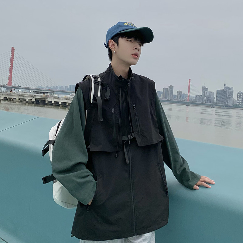 709-MJ68-P70春秋休闲立领飘带装饰抽绳工装机能马甲单人，男装工装外套，星座709