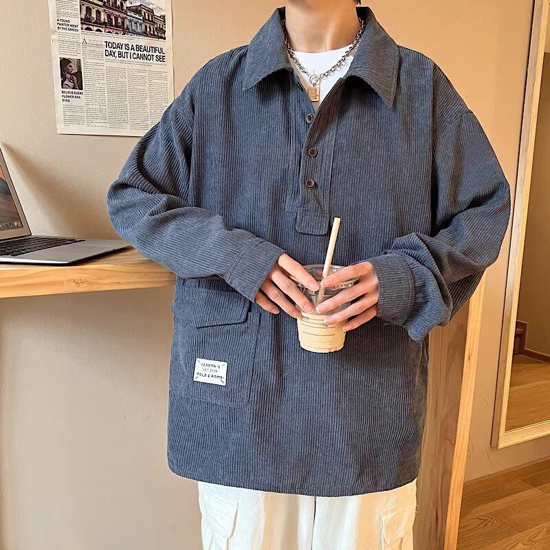 709-C816-P65春秋单人港风翻领灯芯绒套头休闲百搭衬衣男,男装衬衫,星座709