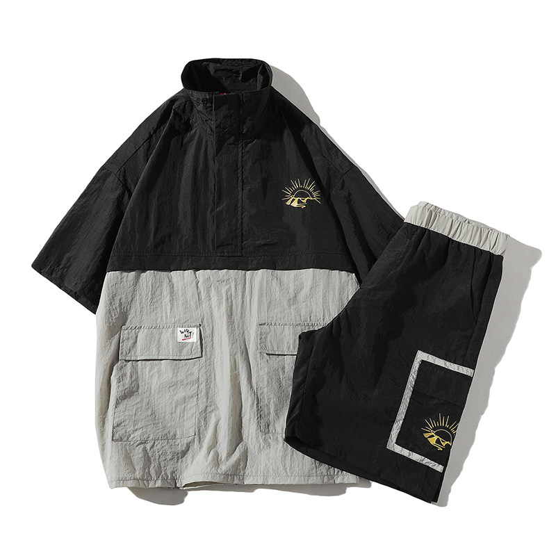 2021夏 白底夏季印花休閒運動套裝情侶百搭兩件套