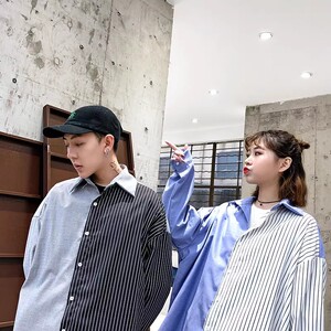 709-C808-P60 港风拼接宽松情侣小清新休闲长袖衬衣男图片