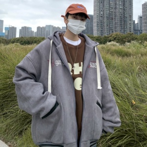 709-MY1012-P125 冬季单人鹿皮绒开衫加绒加厚秀十字架连帽棉衣男图片