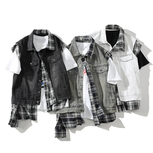 709-MJ100-P110 白底 春季新款 不对称潮牌假两件牛仔马甲，男装背心/马甲，星座709