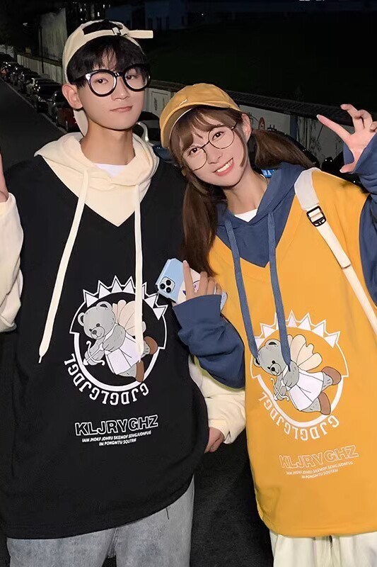 709-W017-P55港风假两件小熊印花宽松大码连帽百搭卫衣情侣,男装卫衣,星座709