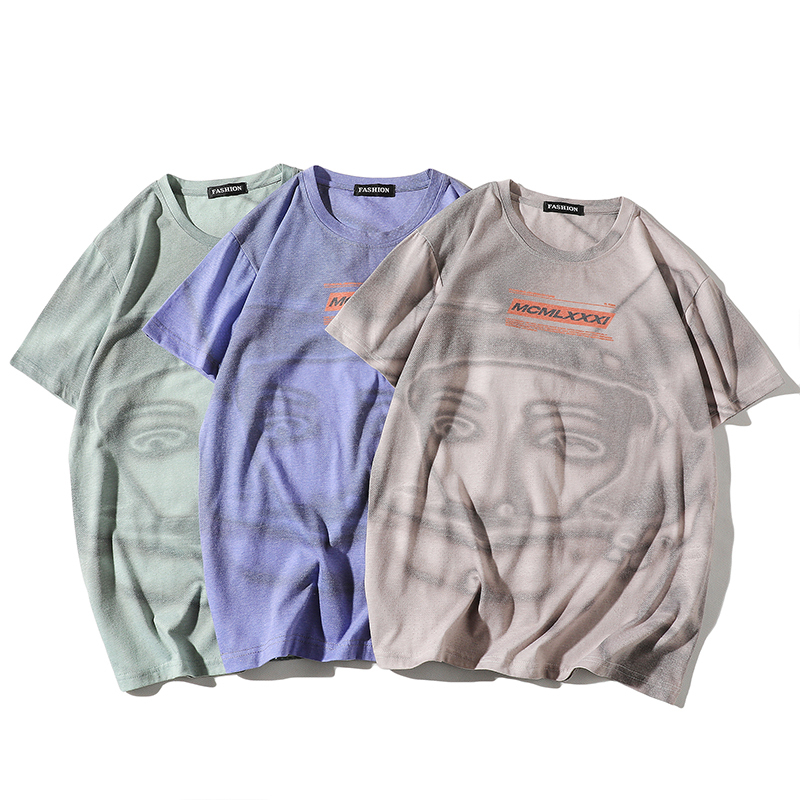 21 summer white portrait print T-shirt summer trend versatile short sleeve men's shirt