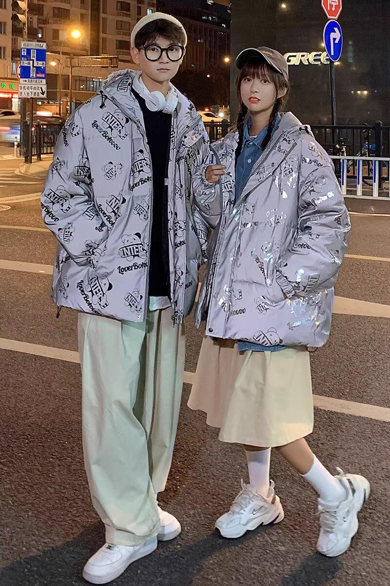 709-MY615-P120 冬季情侣潮流加厚小熊印花连帽反光棉衣外套男图片
