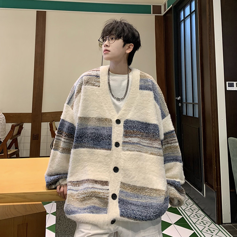 709-MY105-P110复古慵懒风条纹开衫针织衫外套情侣潮牌ins毛衣男,男装针织衫/毛衣,星座709