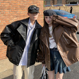 709-JK877-P145小众西装领皮衣夹克拉链装饰纯色外套情侣，男装夹克，星座709