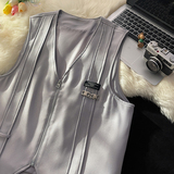 709-MJ70-P65春秋飘带装饰v领纯色宽松休闲大码马甲平铺，男装背心/马甲，星座709