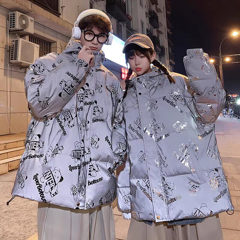 709-MY615-P120 冬季情侣潮流加厚小熊印花连帽反光棉衣外套男图片