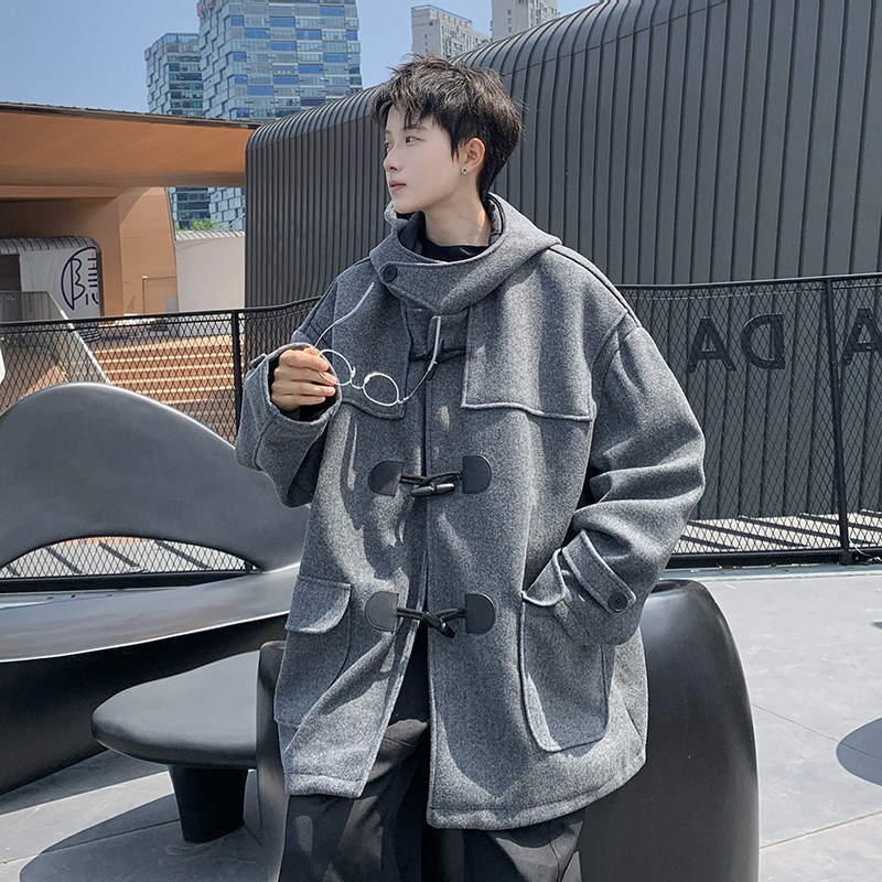 709-JK927-P150情侣休闲宽松牛角扣加厚连帽日系复古毛呢外套男，女装短外套，星座709